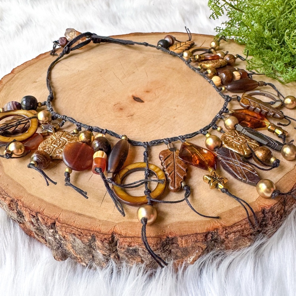 Vintage Mixed Material Chunky Charm Necklace Wood Glass Metal Shell Pearl Beads